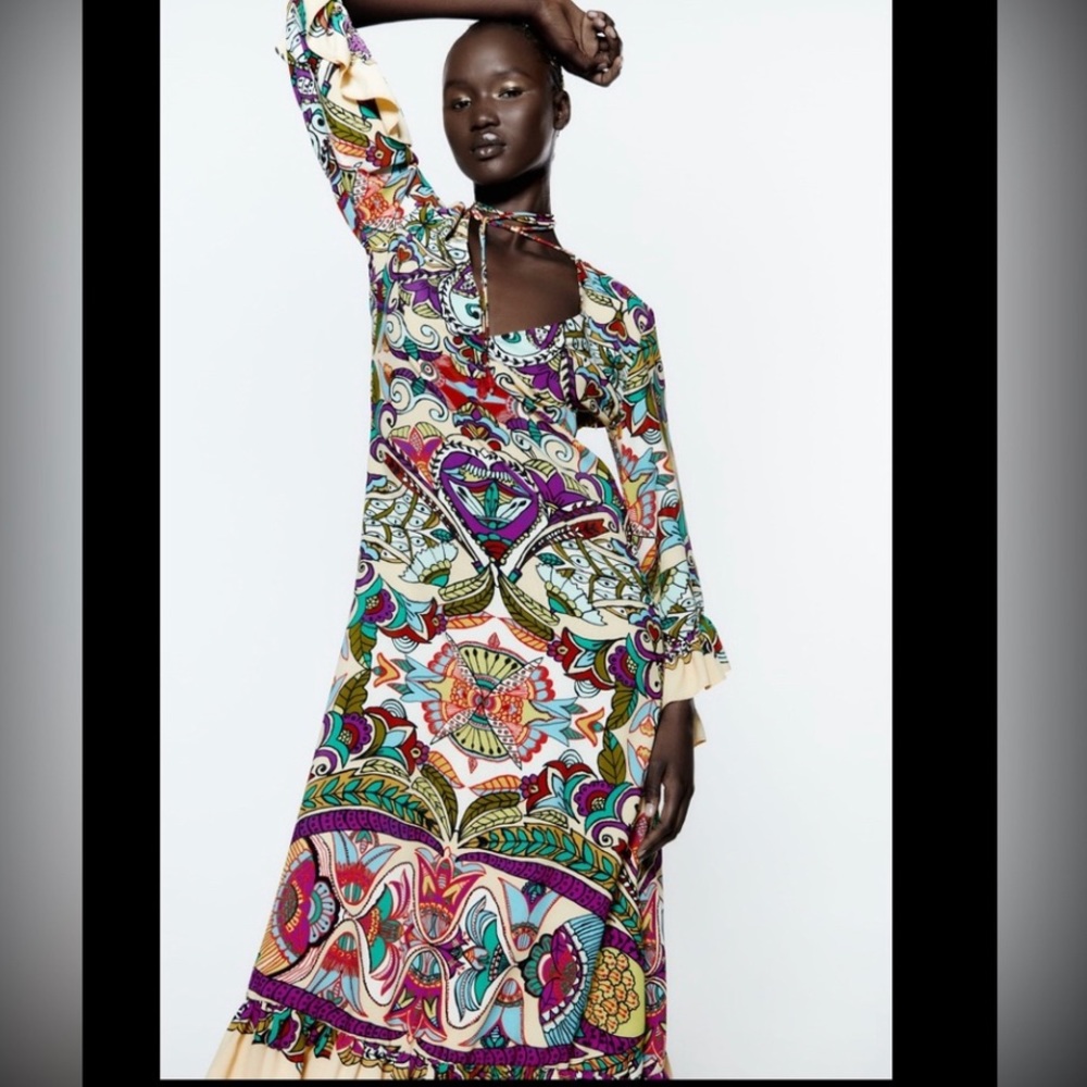 Zara ethnic tribal print midi flowy dress